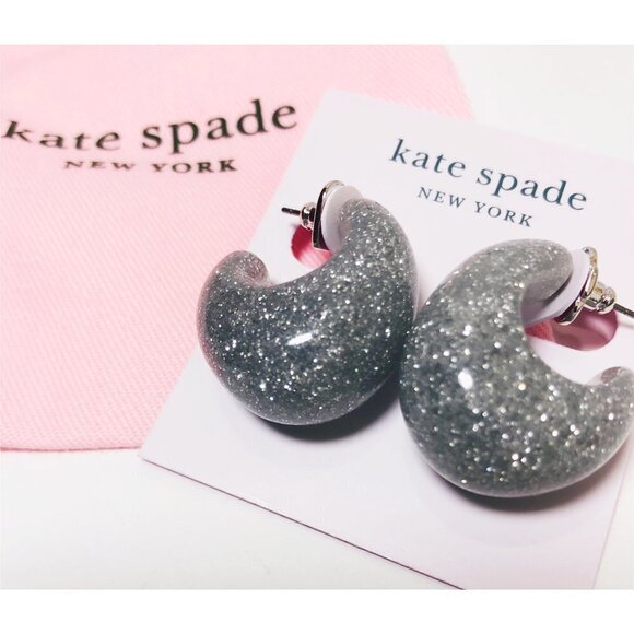 Kate Spade Womens Silver Glitter Round Chunky Resin Hoop Post Earrings New - Picture 4 of 8